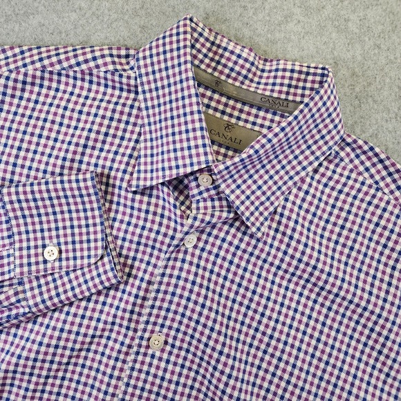 Canali Other - Canali Shirt Mens XL Long Sleeve Button Cotton Gingham Check Plaid Purple Blue